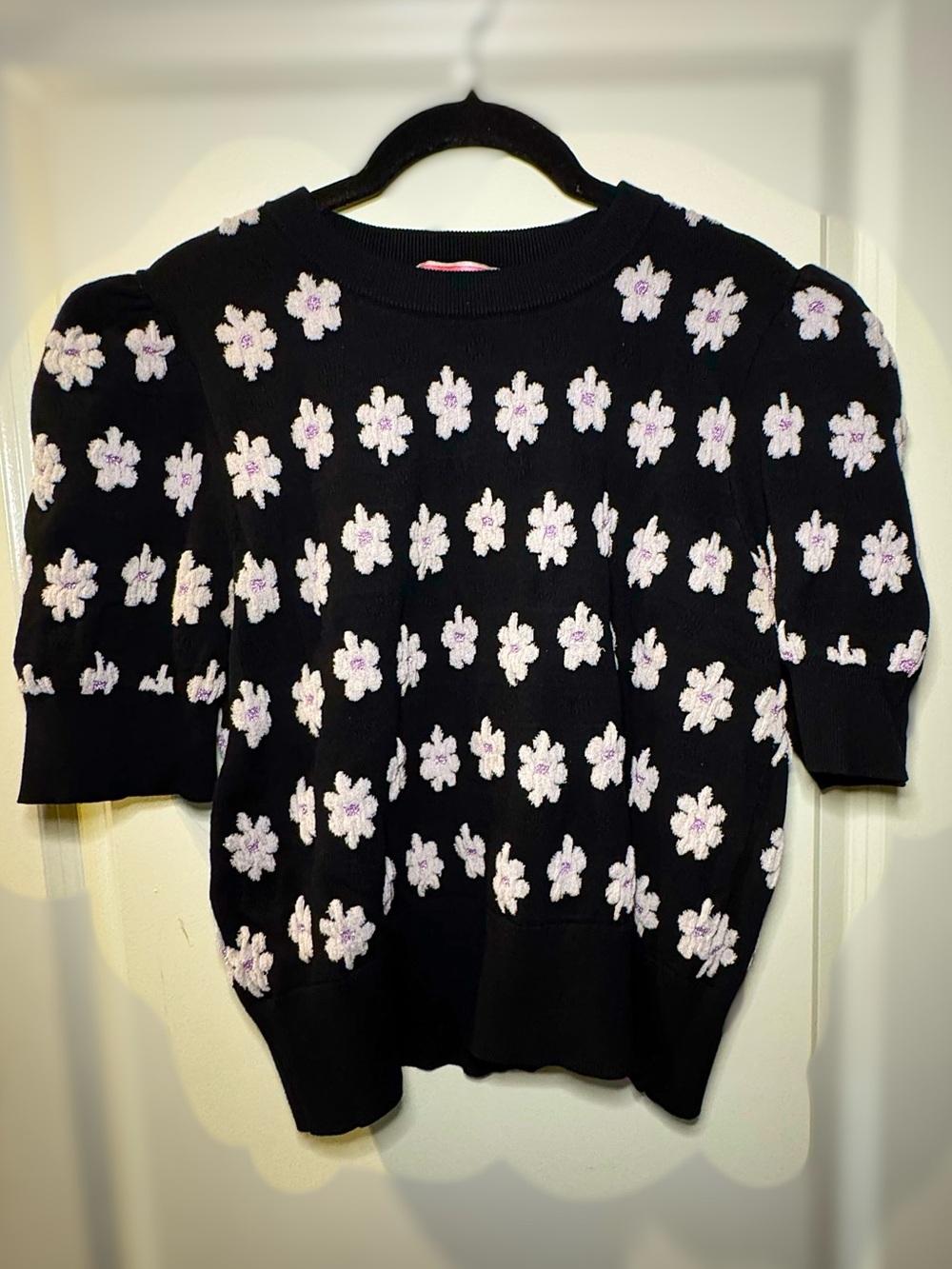 Kate Spade Spade Flower Puff Sleeve Sweater Black Floral Large L